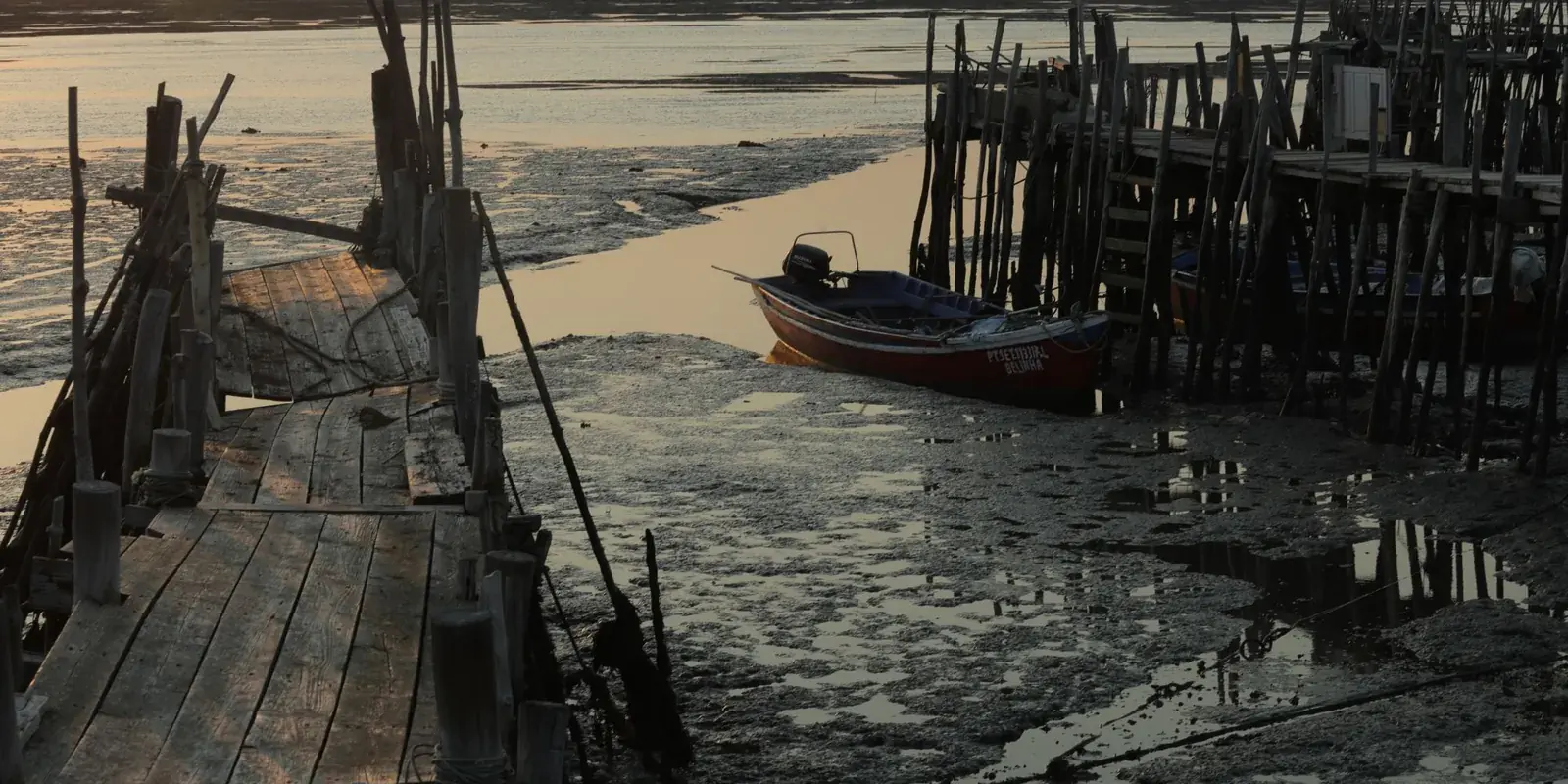 Il vecchio molo palafitico dei pescatori sull'estuario del Sado al tramonto