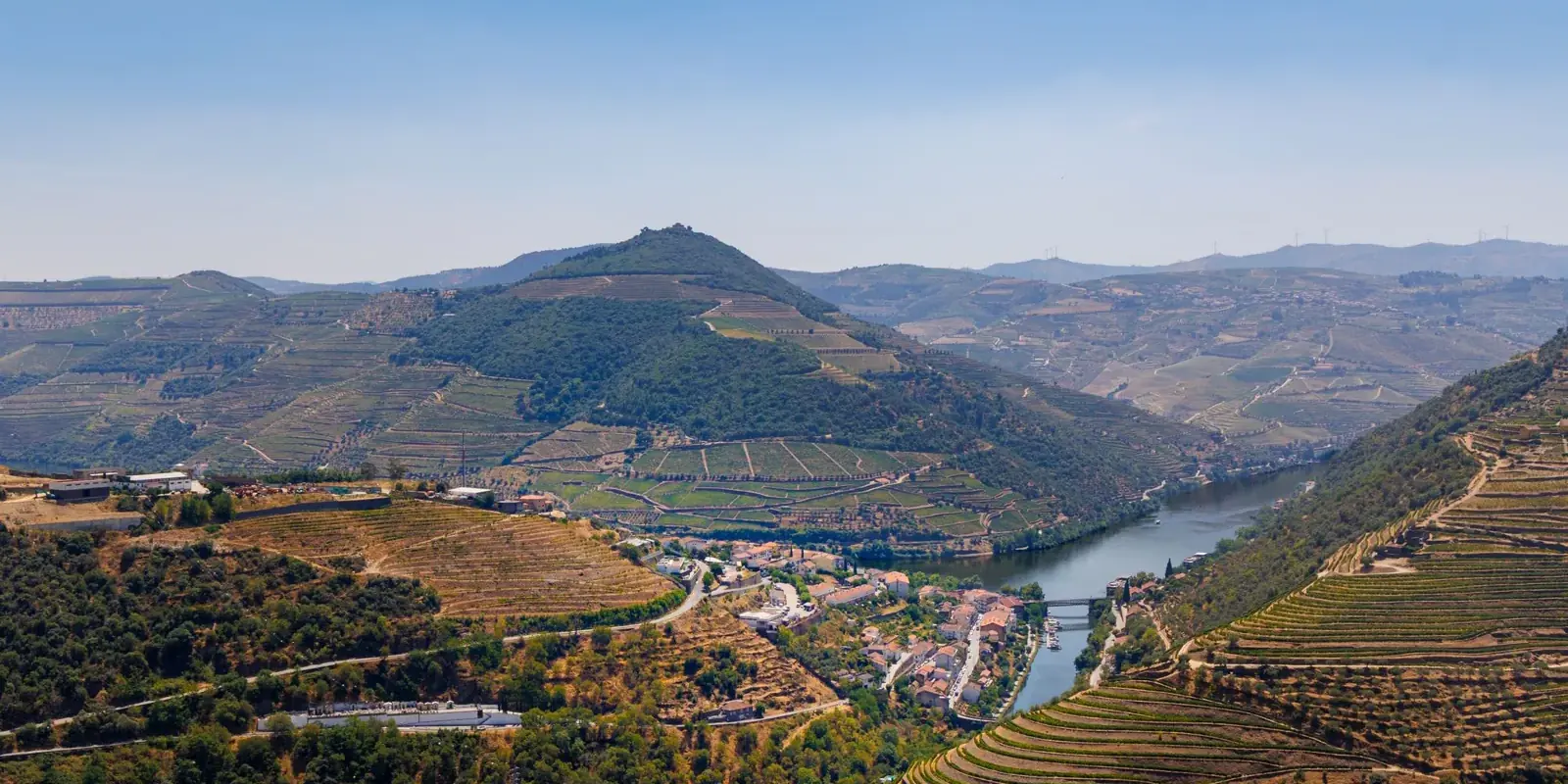 La valle del Douro vista da un belvedere, con Pinhão sull'ansa del fiume e le vigne a terrazze