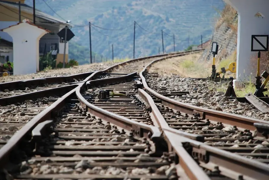 Lo scambio dei binari in una stazione della valle del Tua, colline sullo sfondo
